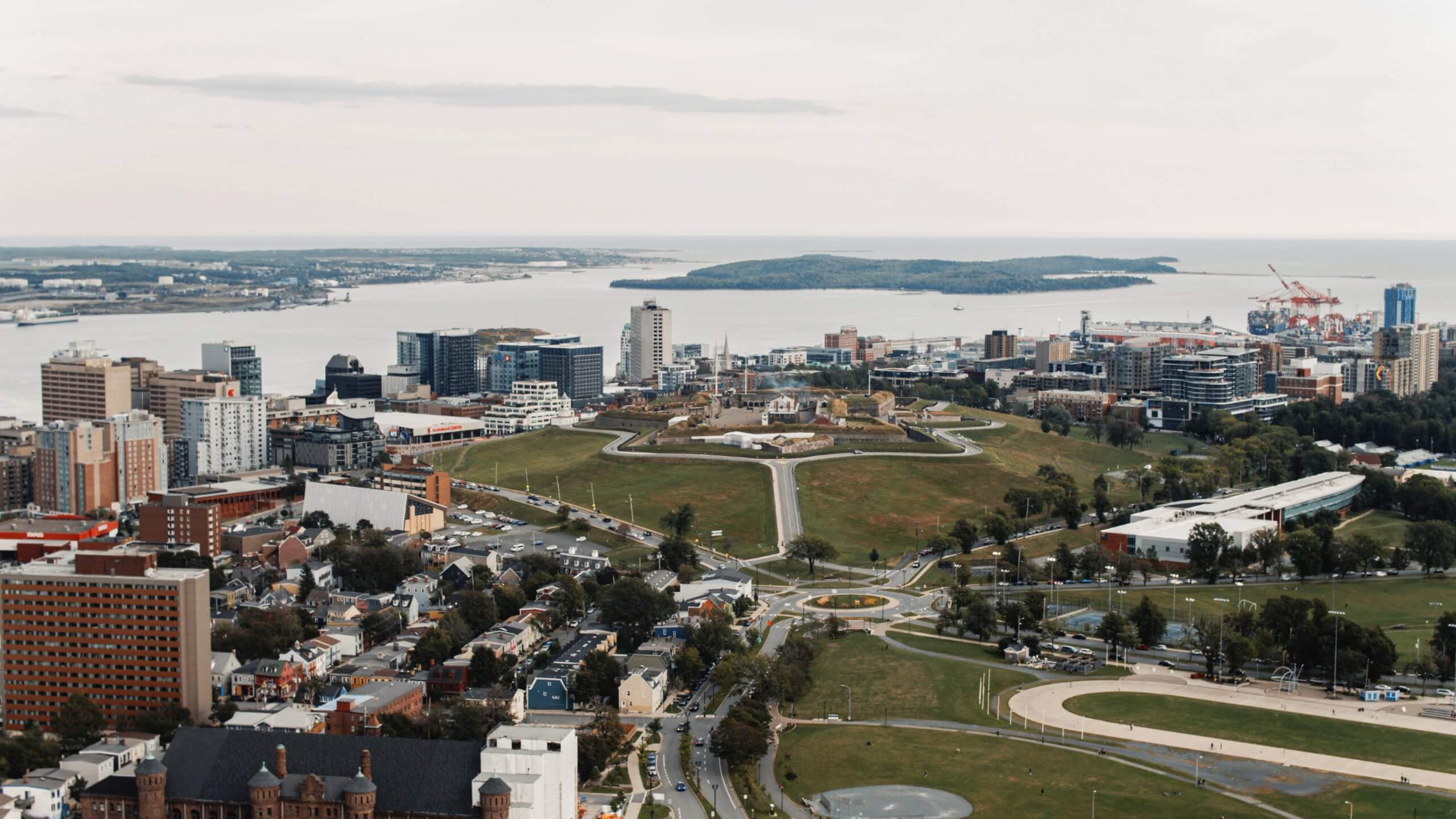 Aerial view of a waterfront city