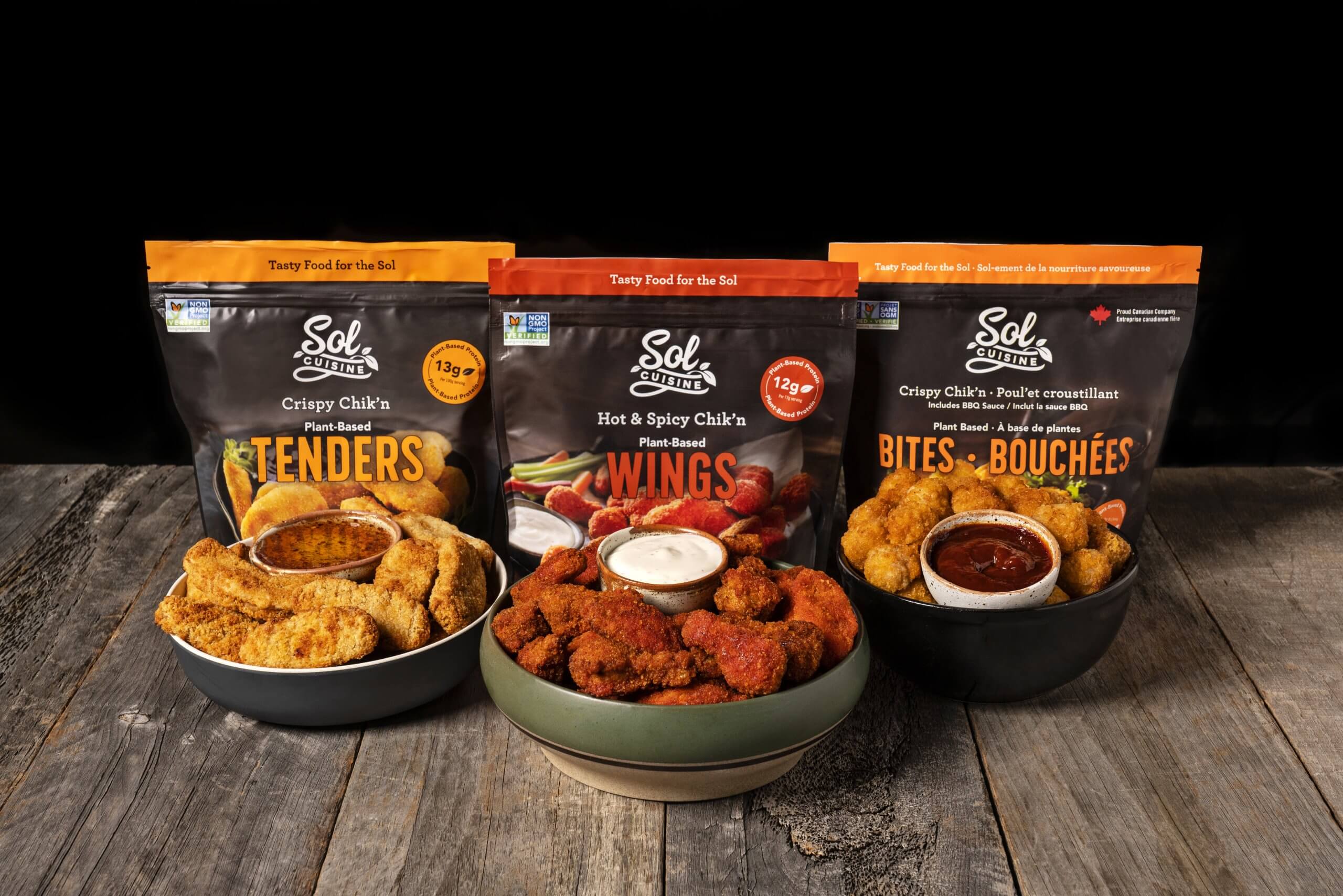 Sol Cuisine plant-based tenders, wings, and bites with packaging