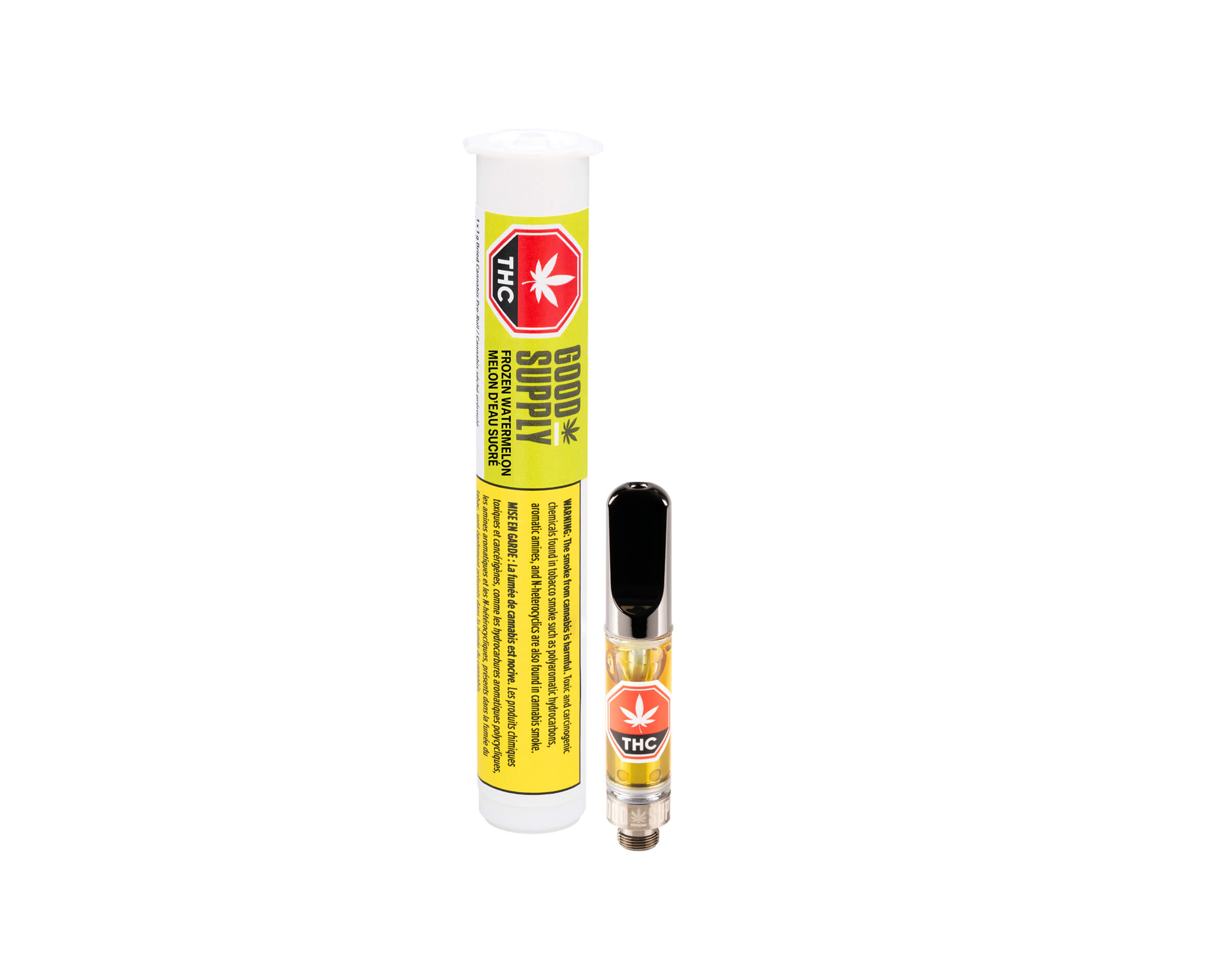 Cannabis vape cartridge and packaging on white