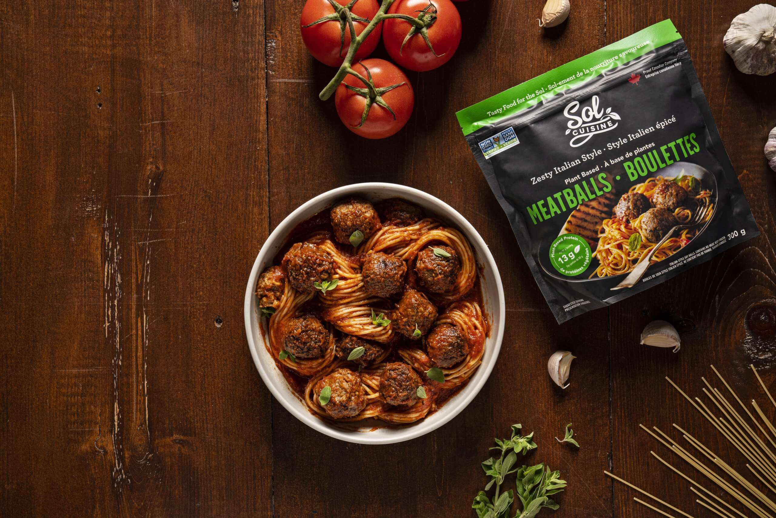 Sol Cuisine plant-based meatballs with packaging and pasta